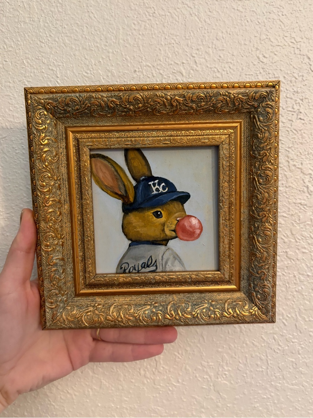 "Kansas City Royals Bunny” Original oil painting on wood board mini framed 4x4"